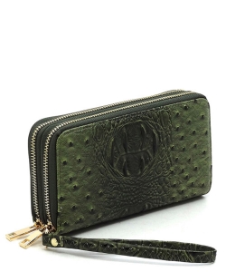 Ostrich Croc Double Zip Around Wallet Wristlet OS0012 OLIVE